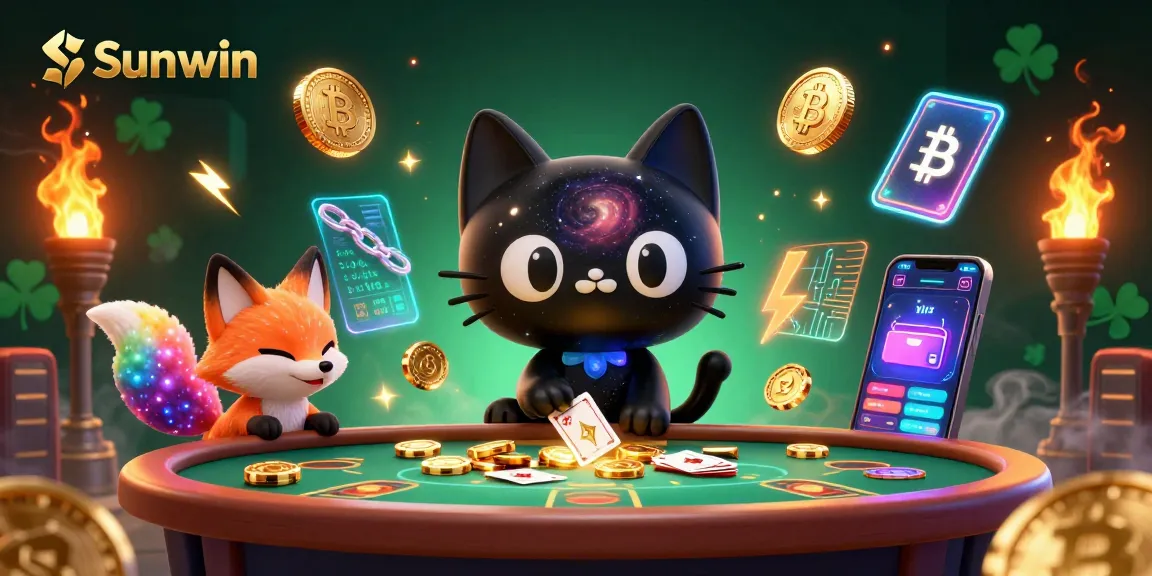 Sunwin engages players with vibrant cosmic gambling action featuring a black hole cat and colorful nebula fox.