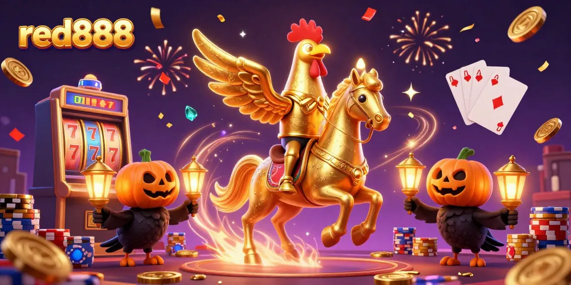 Spin the reels at red888 with a golden rooster amidst an exhilarating casino atmosphere.