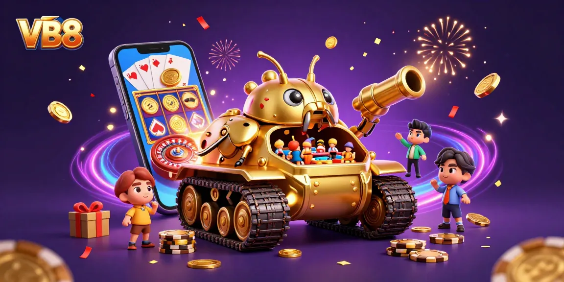Experience the excitement of VB8 with a dynamic casino scene featuring a golden beetle tank and vibrant game elements.