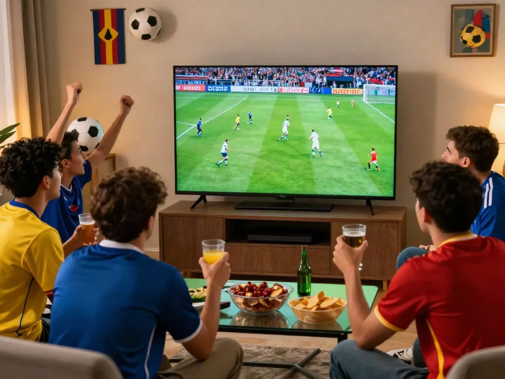 Excited fans enjoying live football on xoilactvx.me with snacks and jerseys.
