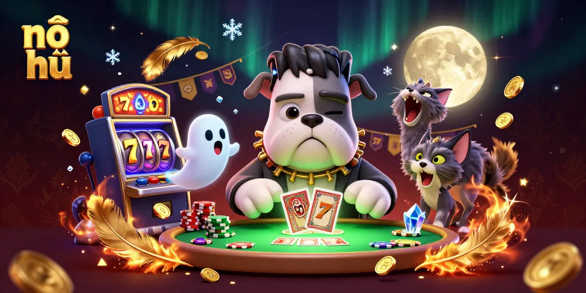 Play nổ hũ with a lively cartoon scene showcasing monster characters and slot elements.