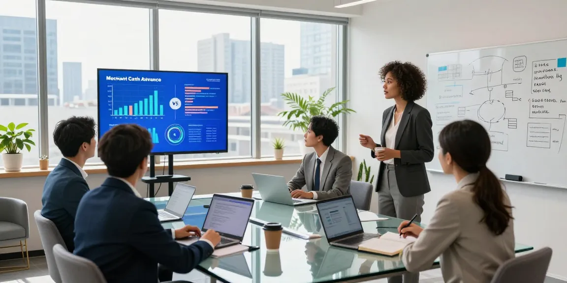 Exploring merchant cash advance vs business loan options during a professional meeting highlighting finance strategies.