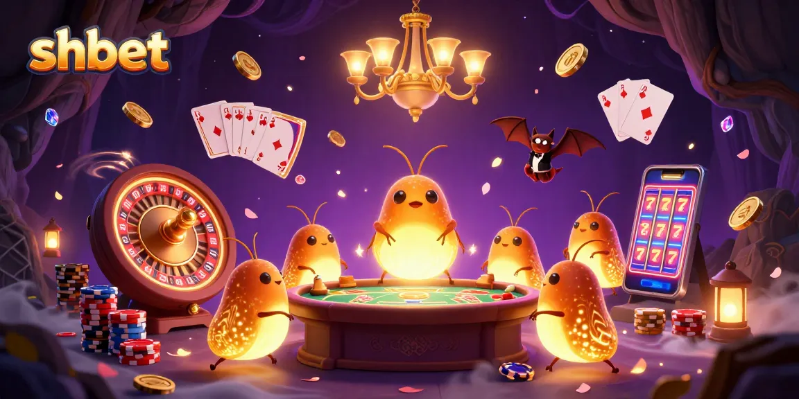 shbet glowworms illuminate a lively casino scene with coins and cards flying around