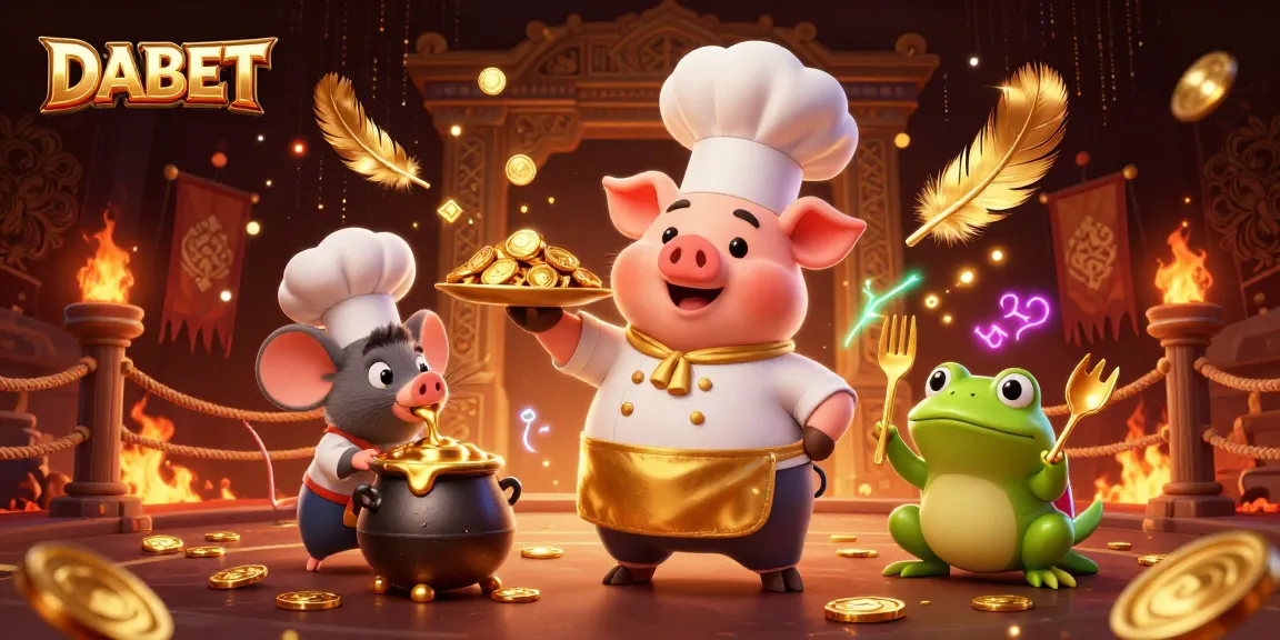 DABET offers a vibrant 3D illustration showcasing a culinary scene with a pig chef, mouse, and frog, all amidst a rich casino atmosphere.