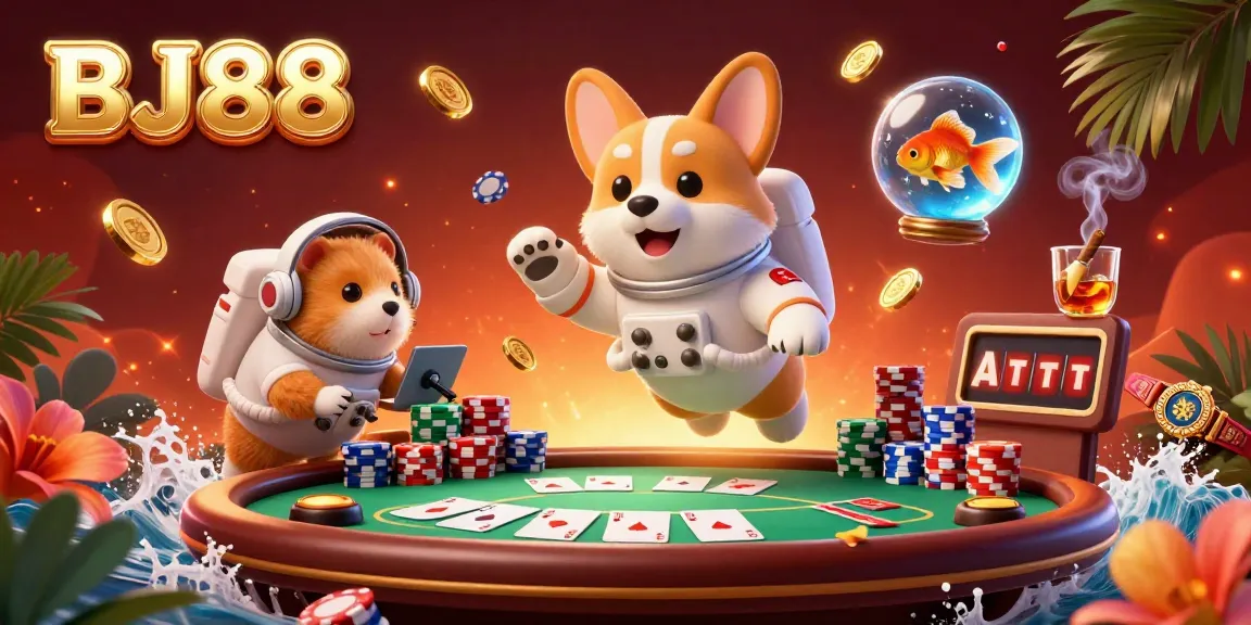 Experience the thrill of BJ88 with a floating astronaut corgi in a dynamic casino scene, poker chips, and rich details.