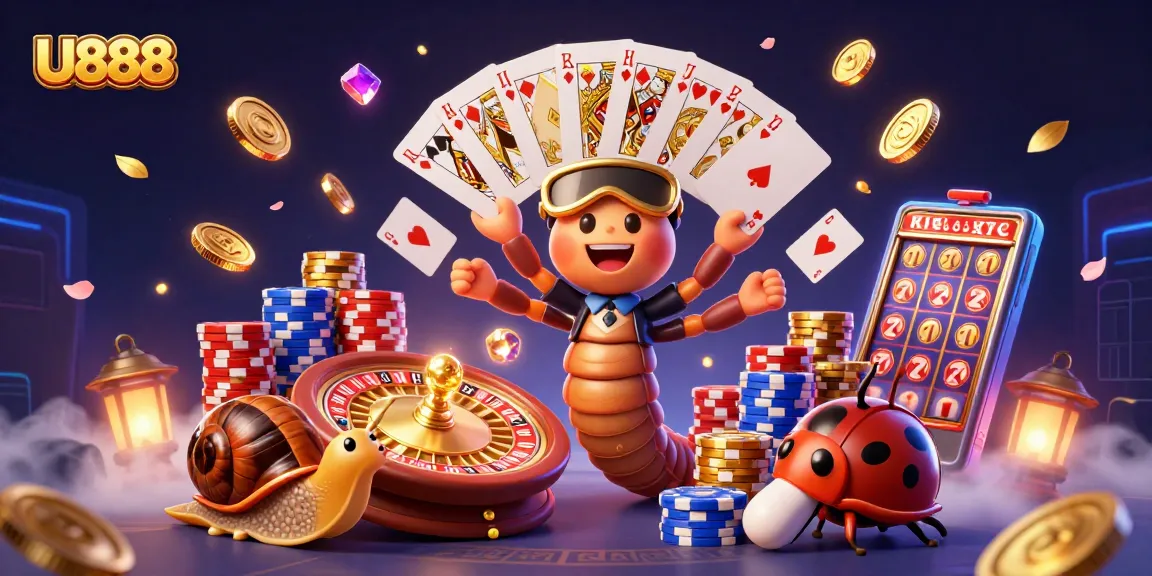 Experience U888 excitement with dynamic card games and high-stakes action illustrated in a vibrant scene.