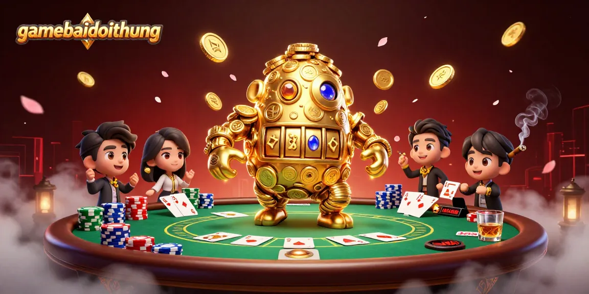 Experience gamebaidoithuong with an action-packed casino scene featuring an animated golden golem and poker elements.