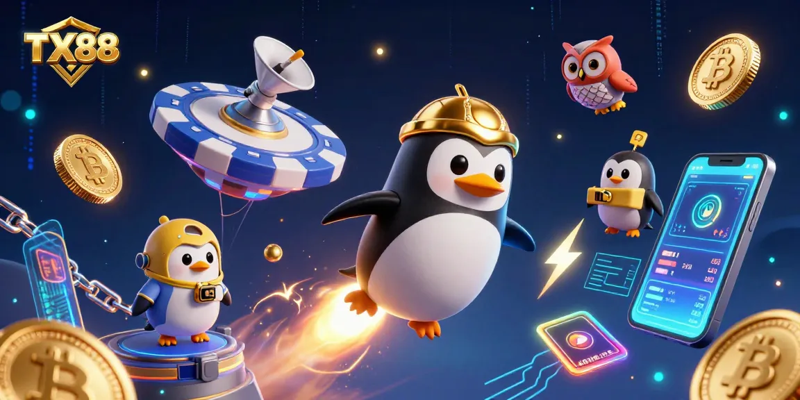 Engage with TX88 as the golden penguin navigates a cosmic casino adventure filled with crypto assets.