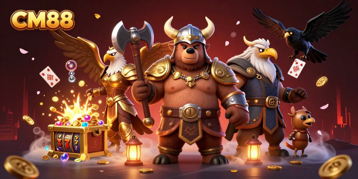Engage with CM88's thrilling slot games featuring Viking characters and gold treasure in a vibrant 3D scene.