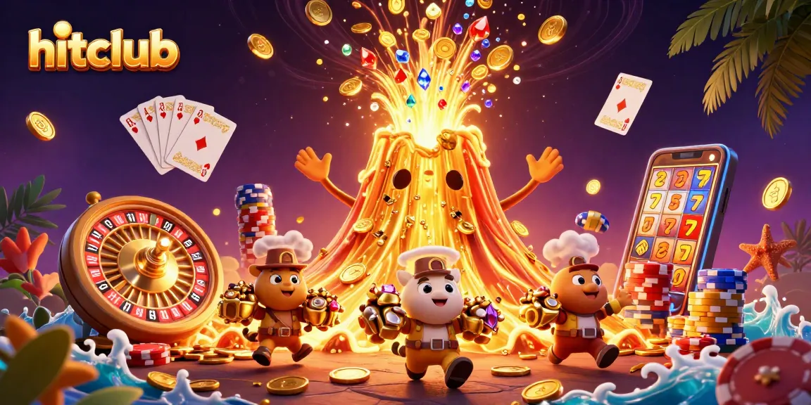 Hitclub players winning coins while exploring vibrant casino scene filled with treasures.