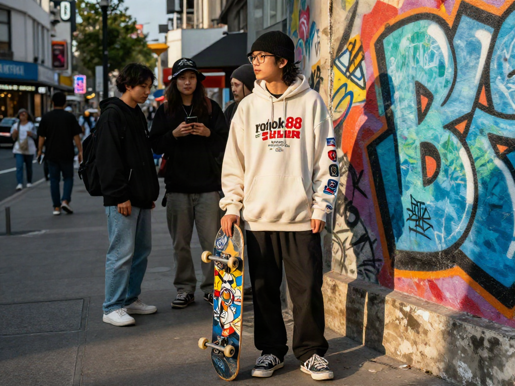 Stylish individual displaying rokok88 super merchandise in an urban street scene with vibrant graffiti.