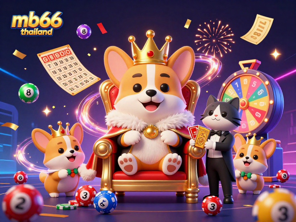 Exciting scene showing mb66 thailand with a royal corgi on a throne surrounded by colorful lottery elements.