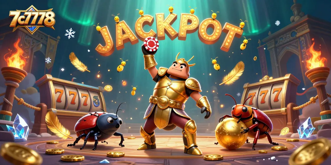 Experience thrilling wins with 7c7778: Cartoon beetles celebrating jackpot success in a vibrant casino scene.