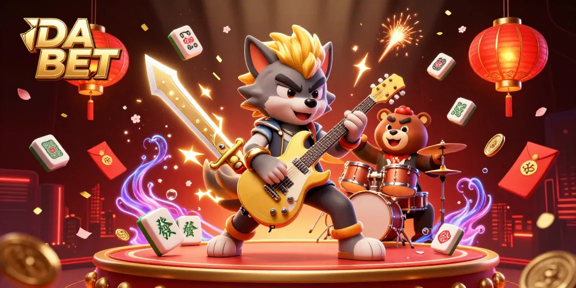DA BET entertains gamers with vibrant 3D visuals featuring lucky symbols and energetic characters in a casino setting.
