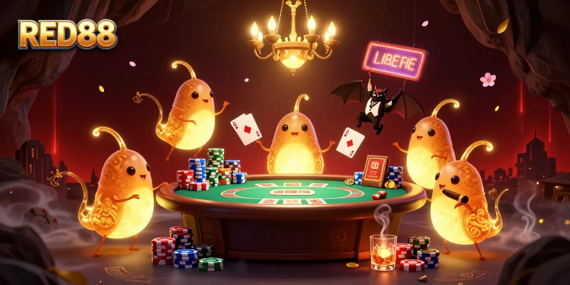 Experience the vibrant glow of RED88 as glowworms illuminate a lively casino scene with poker elements.