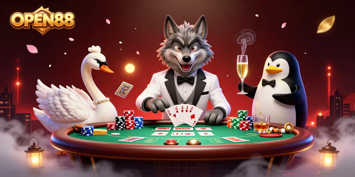OPEN88 brings excitement with a debonair wolf, elegant swan, and penguin sommelier in a vibrant casino scene.