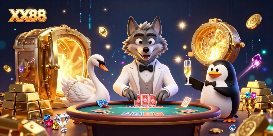 Experience the excitement of XX88 as the debonair wolf and friends engage at the baccarat table!