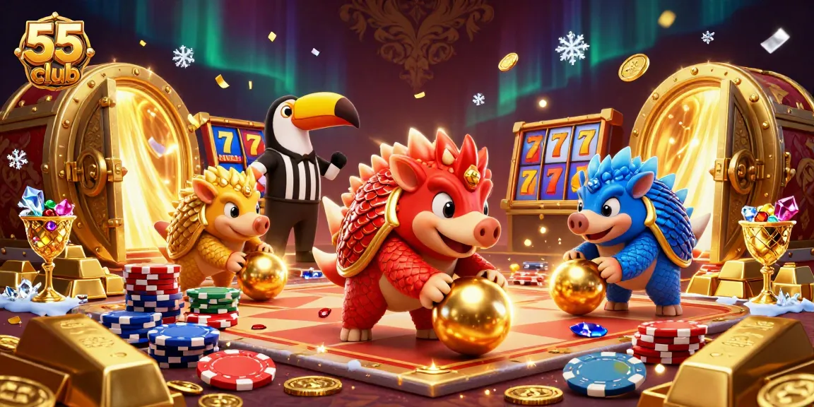 Experience the thrill of the 55 club with pangolins bowling poker chips in a vibrant casino scene.