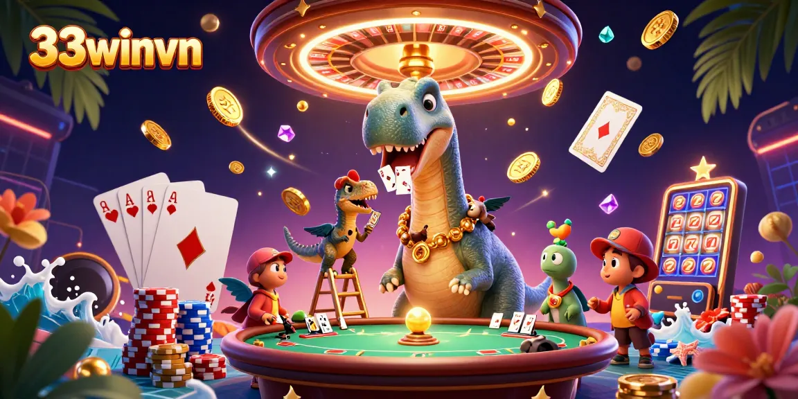 Experience the thrill of gaming at 33winvn with a giant brontosaurus overseeing a bustling casino scene.