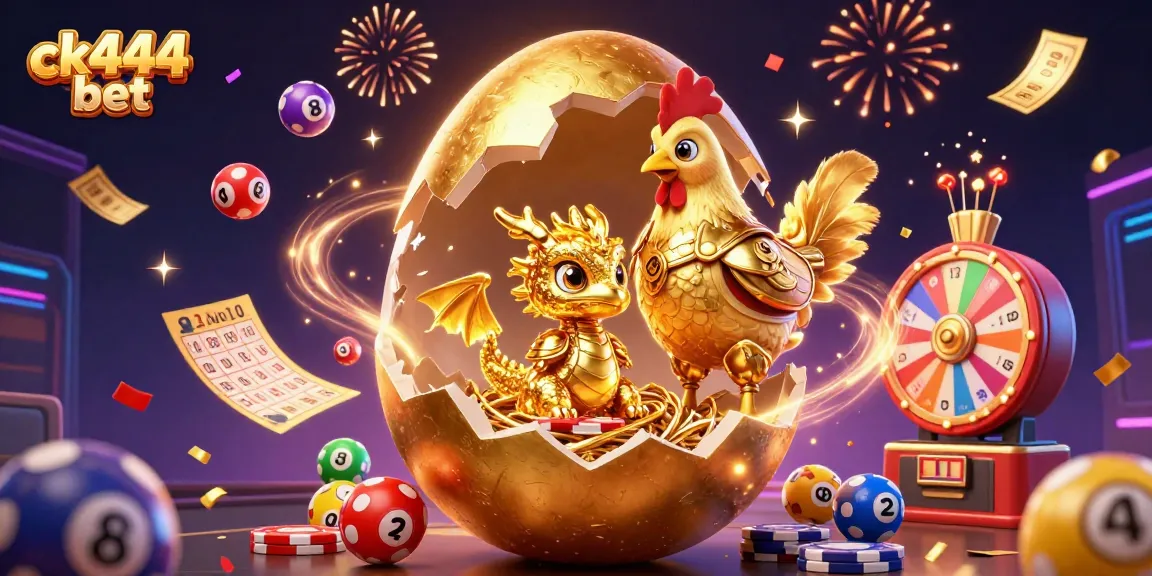 Engage with ck444 bet through a dazzling illustration of a golden dragon, poker chips, and vibrant lottery elements.