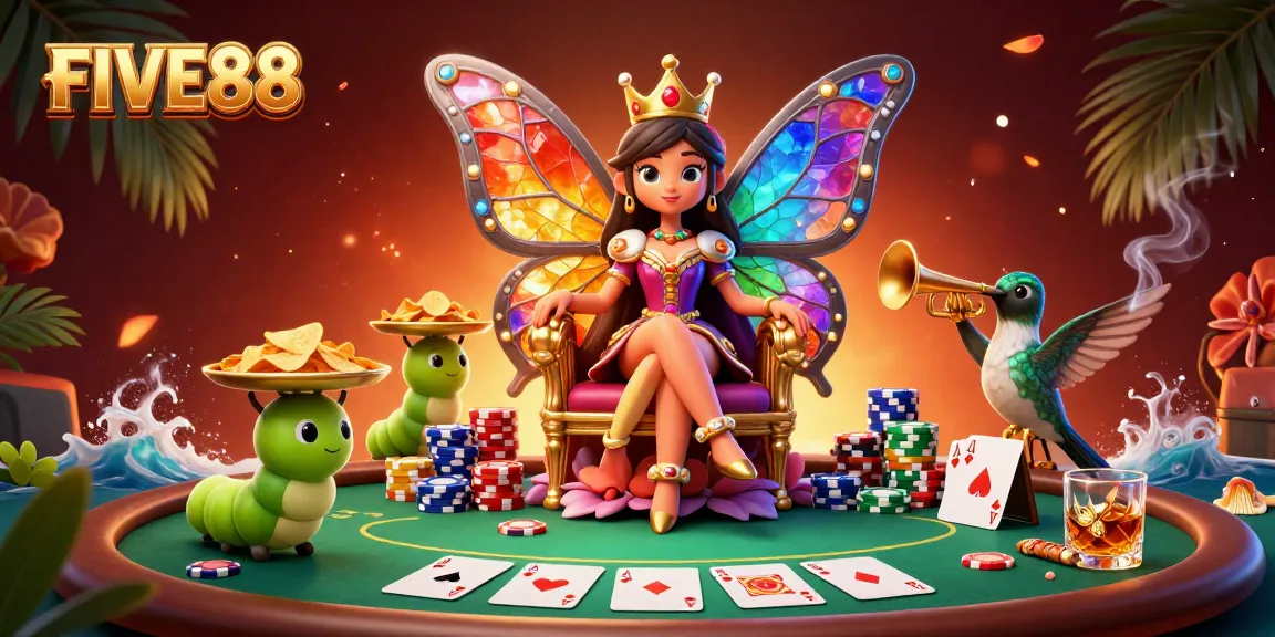 Explore the vibrant FIVE88 casino with a butterfly queen and vibrant gaming elements.