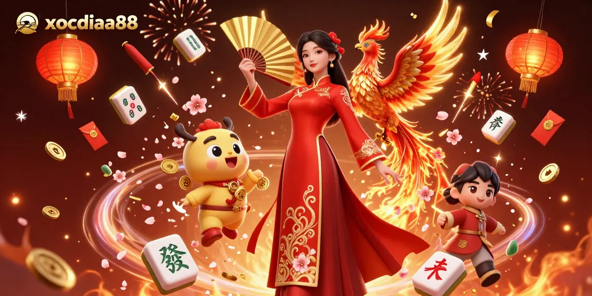 Xocdiaa88 brings vibrant online gaming to life with its unique Vietnamese themed illustration.